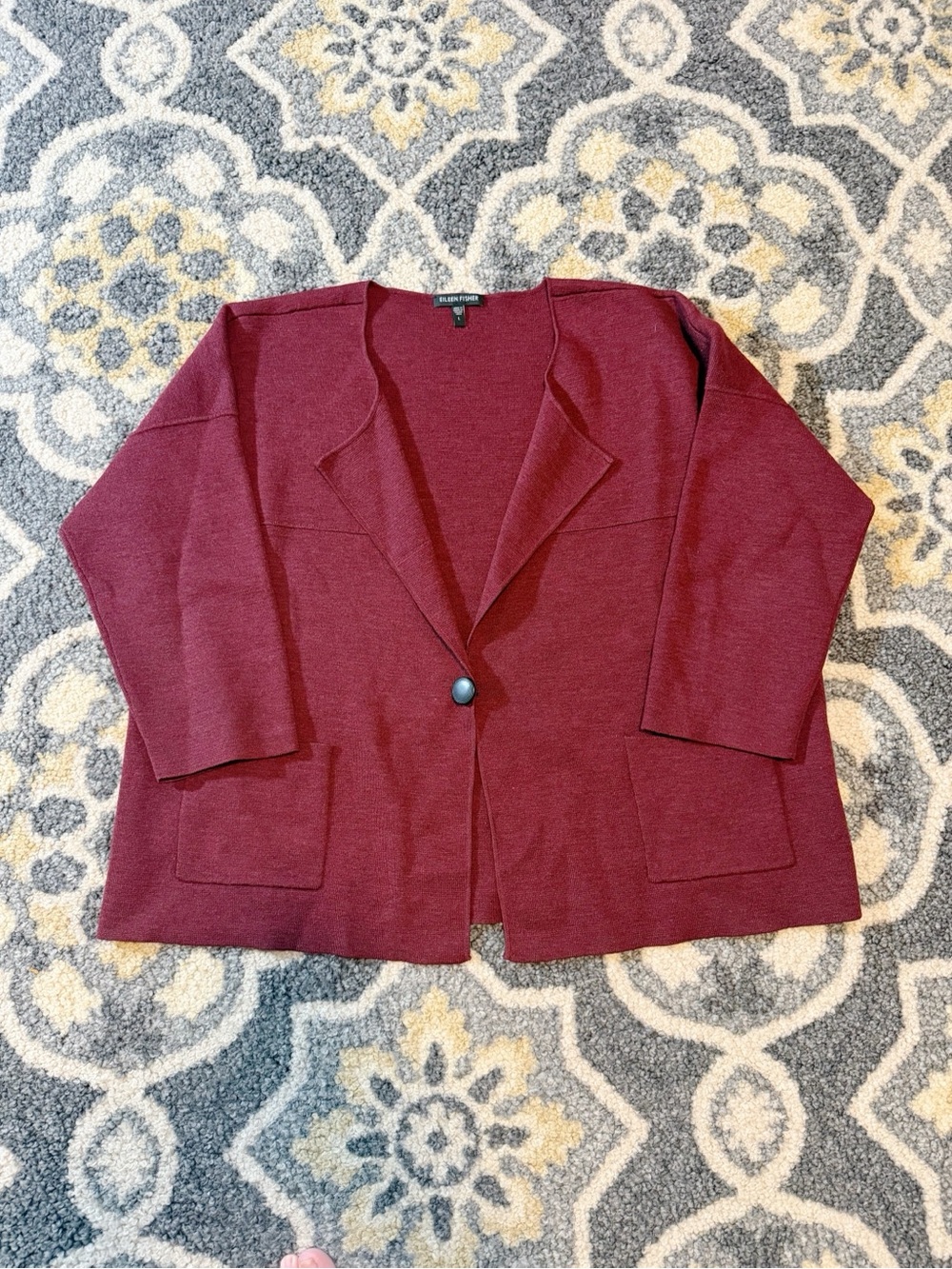 EILEEN FISHER 100% Wool Snap Button 3/4 Sleeve Knit Cardigan | Size L